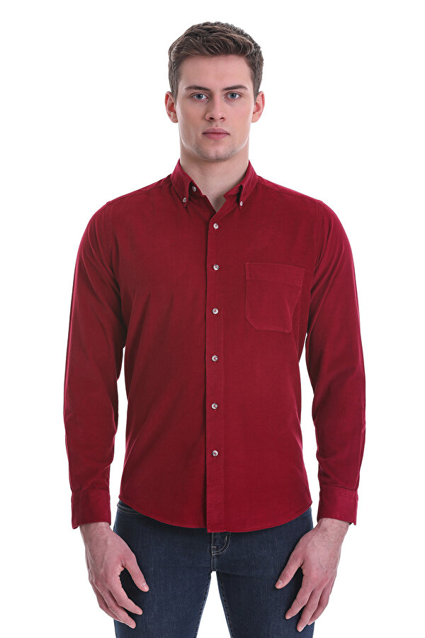 Bordo Slim Fit Düz 100% Pamuklu Düğmeli Yaka Uzun Kollu Klasik Gömlek