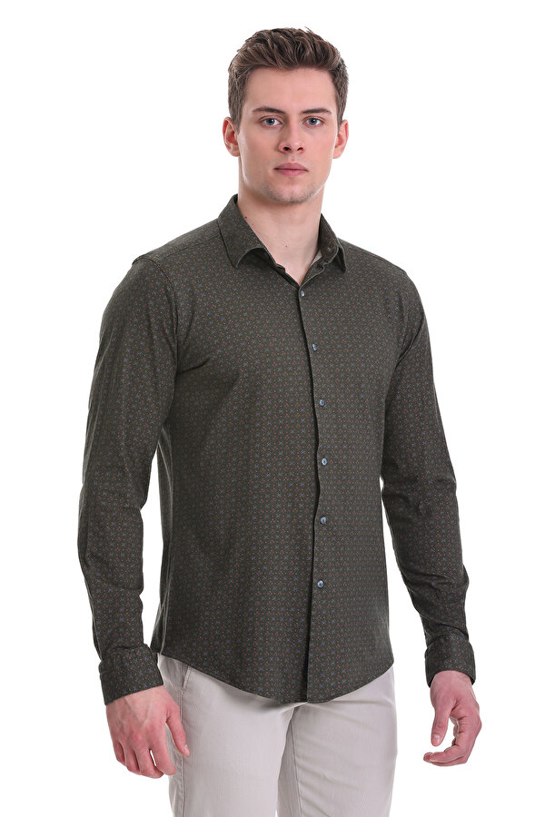 Yeşil Slim Fit Baskılı 100% Pamuklu Slim Yaka Uzun Kollu Baskılı Casual Gömlek