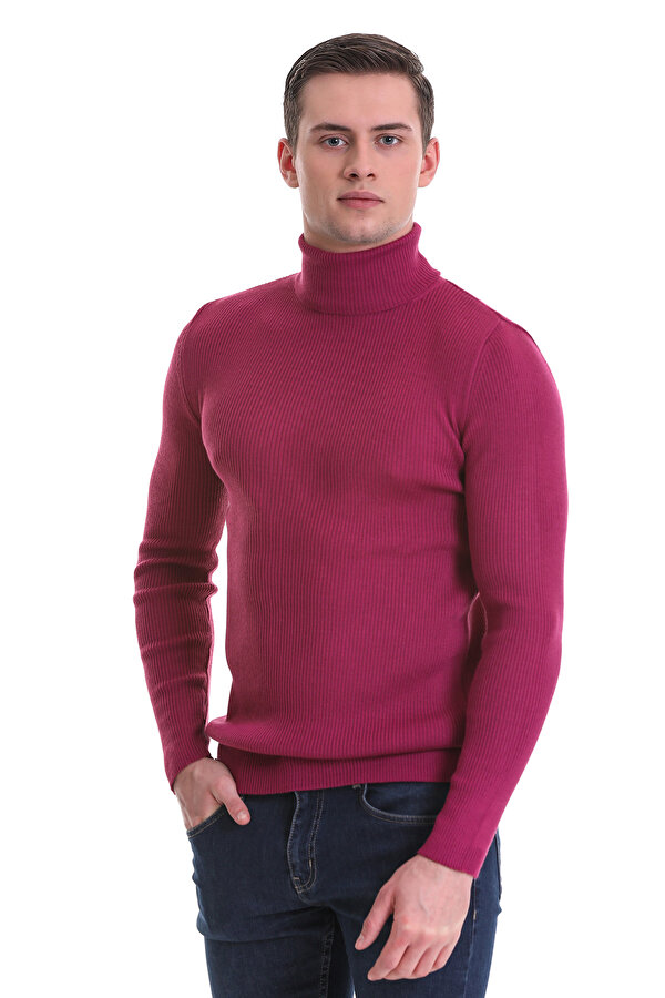 Fuşya Slim Fit Fitilli Balıkçı Yaka Yünlü Triko Kazak