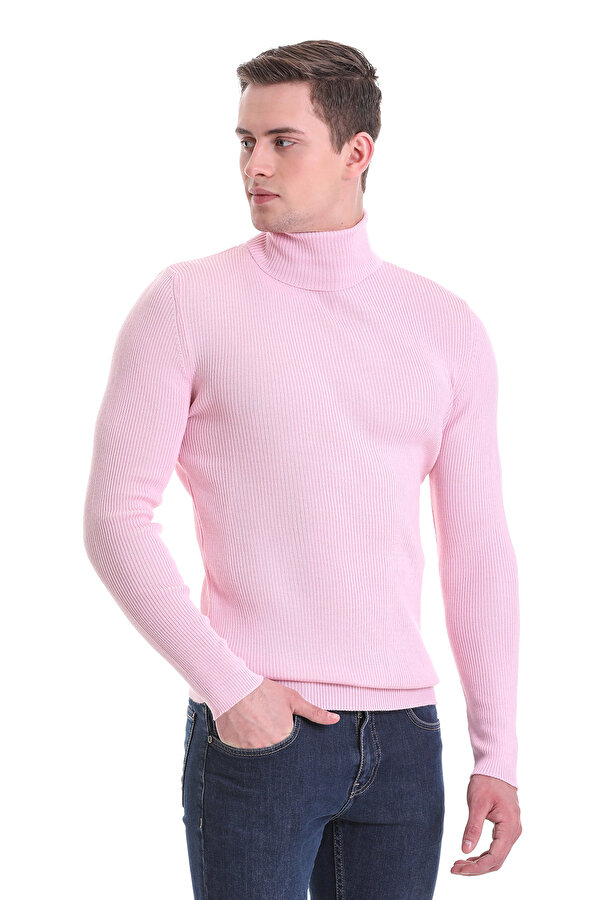 Pembe Slim Fit Fitilli Balıkçı Yaka Yünlü Triko Kazak