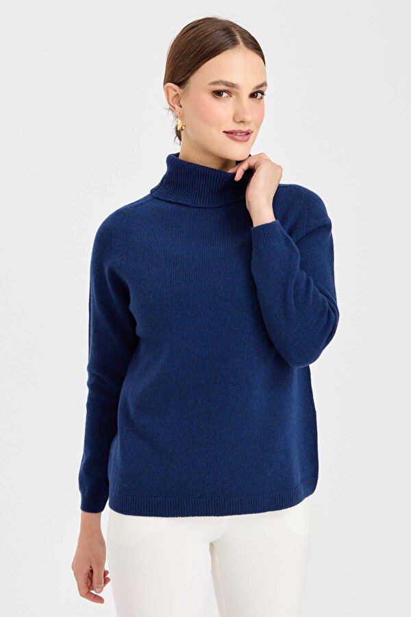 Kadın Tam Balıkçı Yaka Klasik Yün Kazak 23164 Indigo