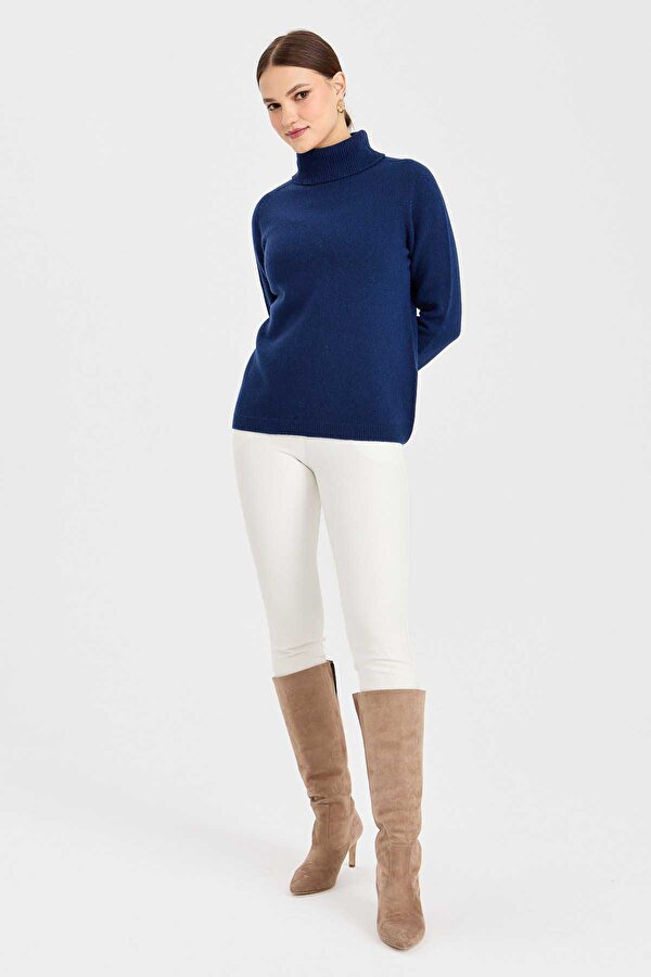 Kadın Tam Balıkçı Yaka Klasik Yün Kazak 23164 Indigo