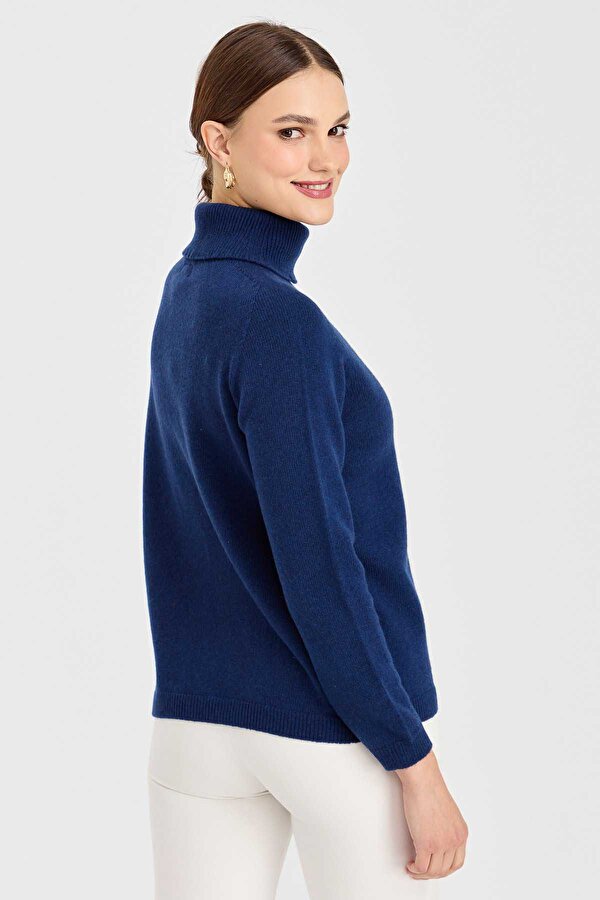 Kadın Tam Balıkçı Yaka Klasik Yün Kazak 23164 Indigo