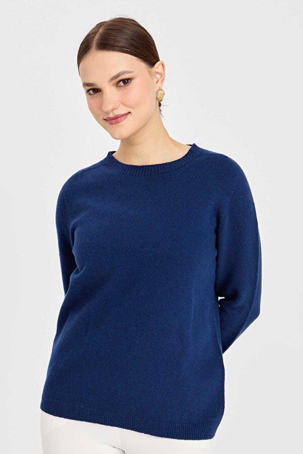 Kadın Sıfır Yaka Klasik Yün Kazak 23163 Indigo