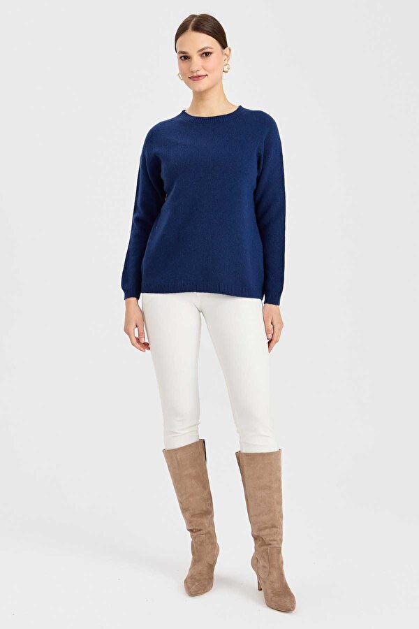 Kadın Sıfır Yaka Klasik Yün Kazak 23163 Indigo