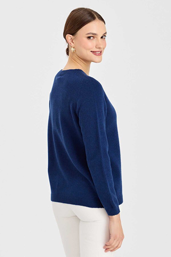 Kadın Sıfır Yaka Klasik Yün Kazak 23163 Indigo