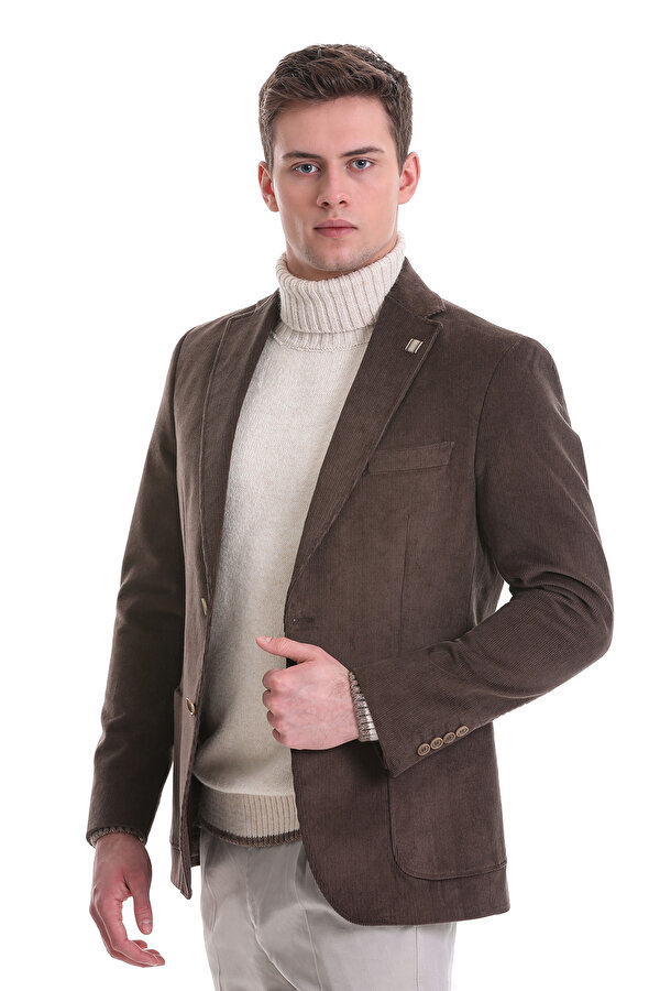 Vizon Slim Fit Düz Mono Yaka Pamuklu Kadife Ceket
