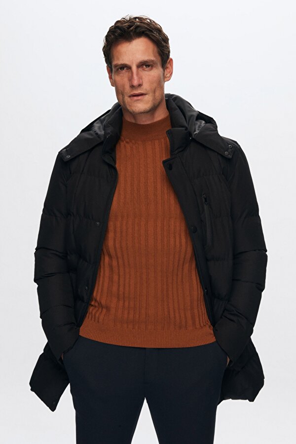 Ds Damat Regular Fit Siyah Rüzgar Geçirmez Su İtici  Elyaf Dolgulu Çıkarılabilir Kapüşonlu Kışlık Mo