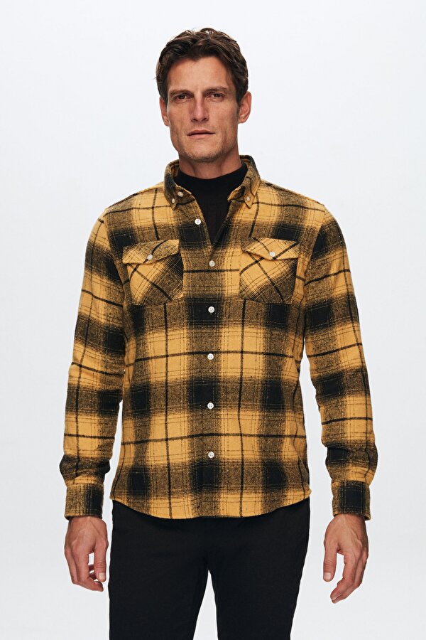 Slim Fit Sarı Oduncu Gömlek