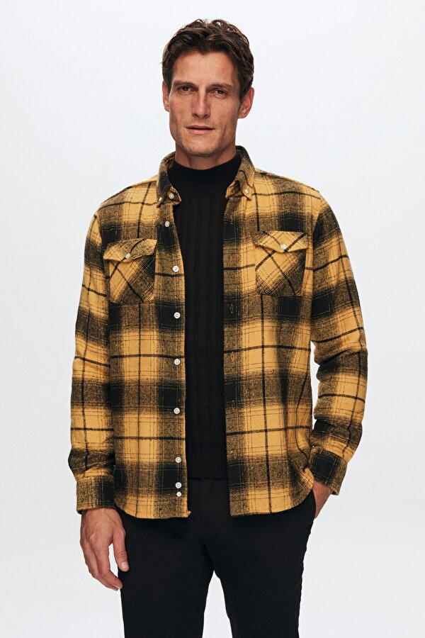 Slim Fit Sarı Oduncu Gömlek