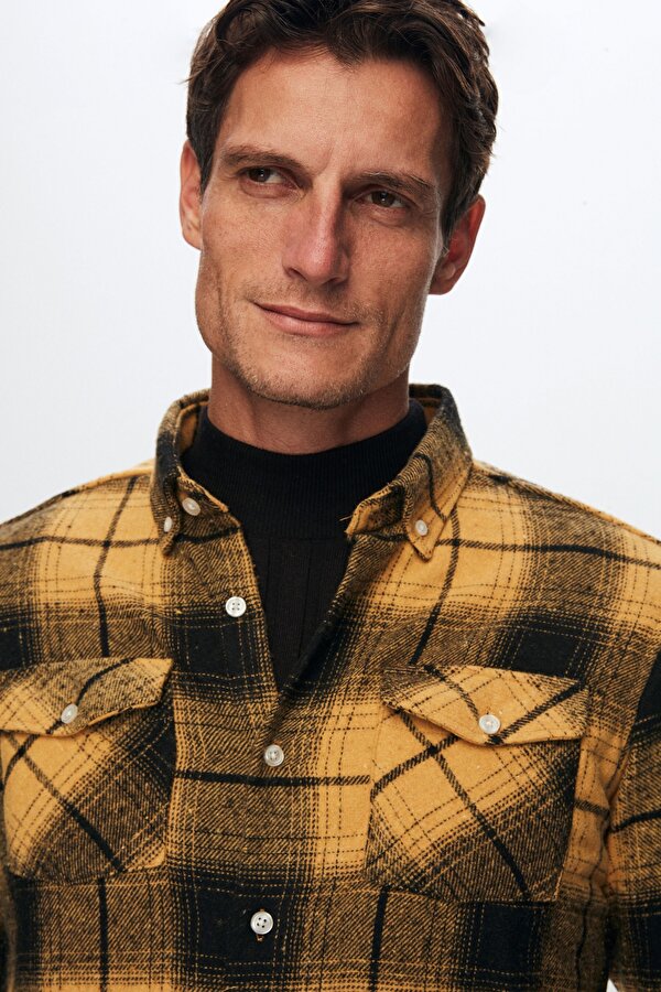 Slim Fit Sarı Oduncu Gömlek