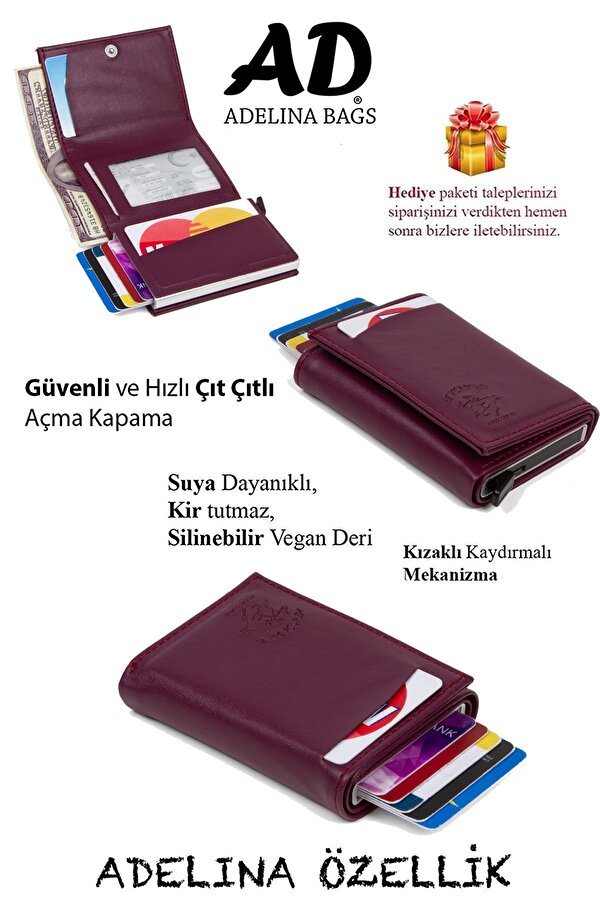 Mor Nova Deri Mekanizmalı Otomatik Kızaklı Kartlık Cüzdan (7CMX10CM)