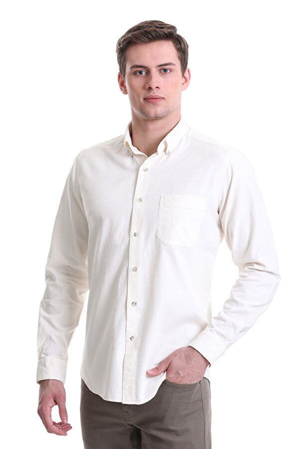 Bej Slim Fit Düz 100% Pamuklu Düğmeli Yaka Uzun Kollu Klasik Gömlek