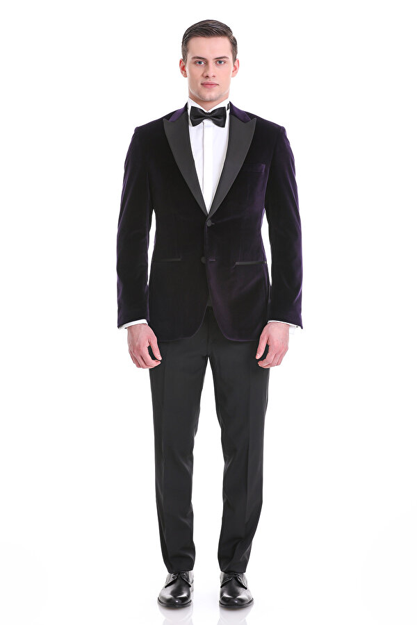 Mor Slim Fit Düz Sivri Yaka Kadife Klasik Smokin Damatlık