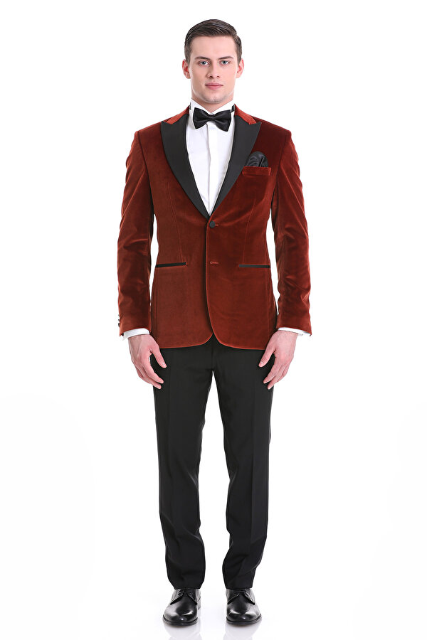 Kiremit Slim Fit Düz Sivri Yaka Kadife Klasik Smokin Damatlık