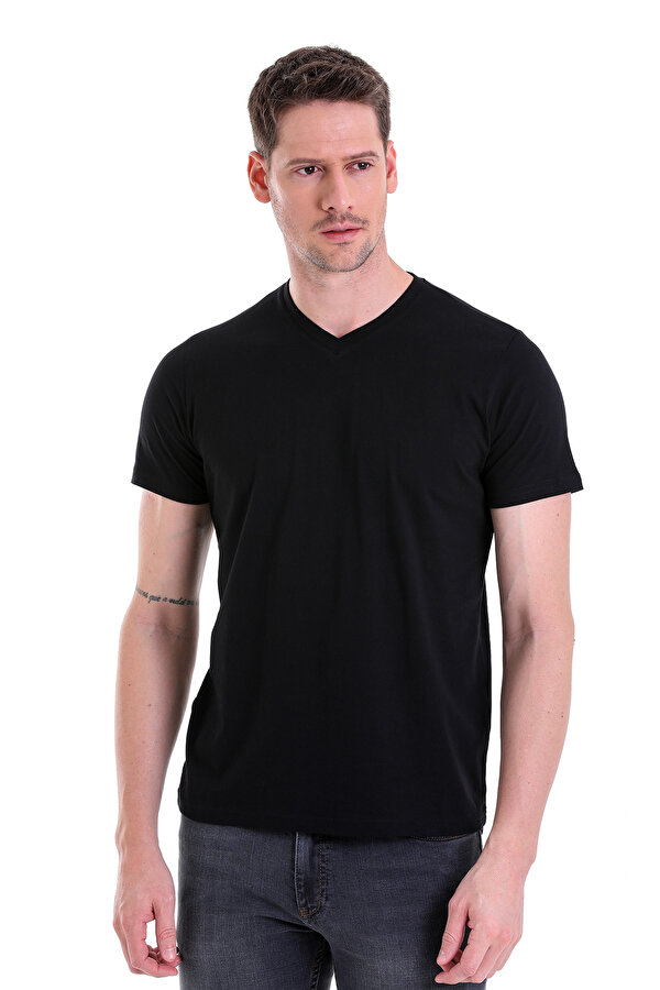 Siyah Regular Fit Düz V Yaka %100 Pamuk Jersey Tişört