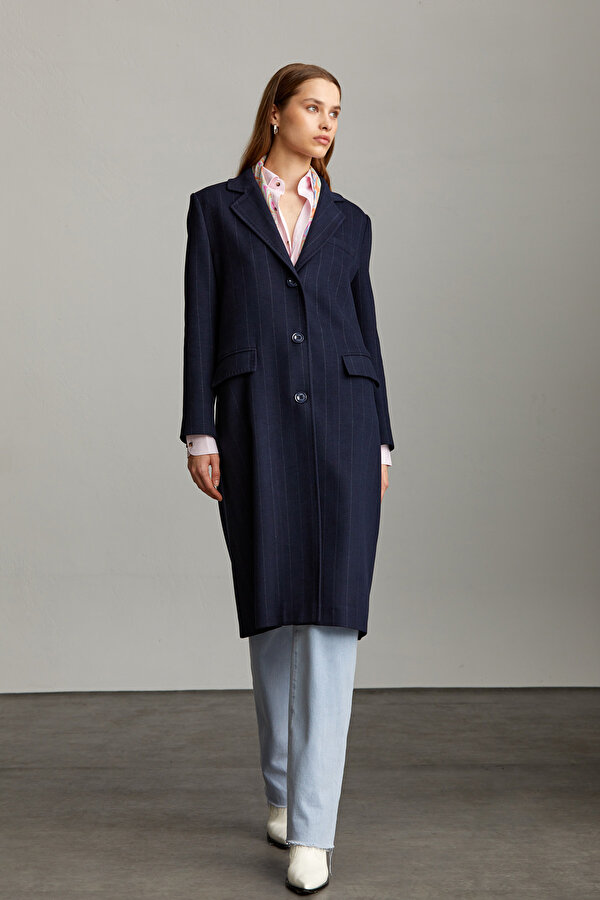 Lacivert Slim Fit Çizgili Mono Yaka Basic Isabella Manto