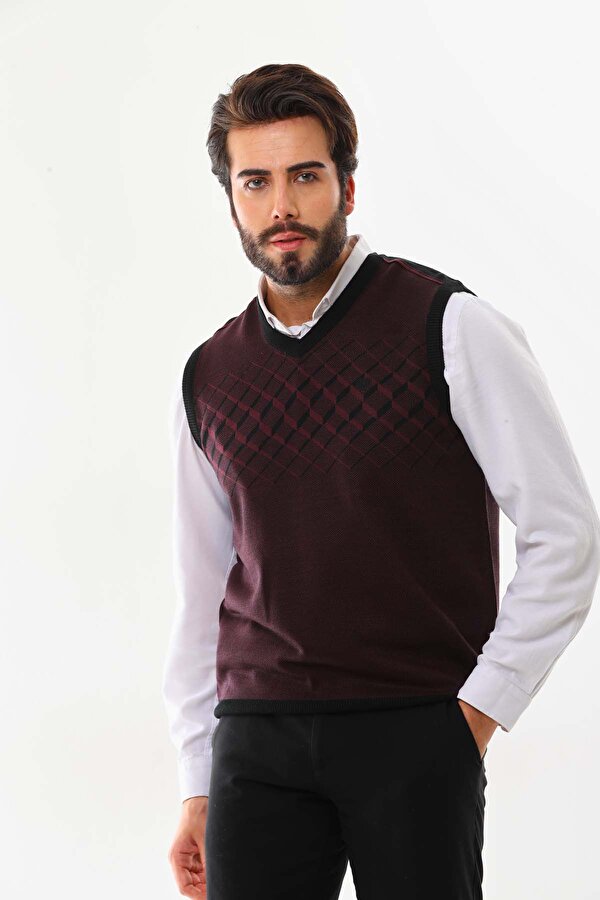 Erkek Çizgili V Yaka Süveter 9606 Bordo