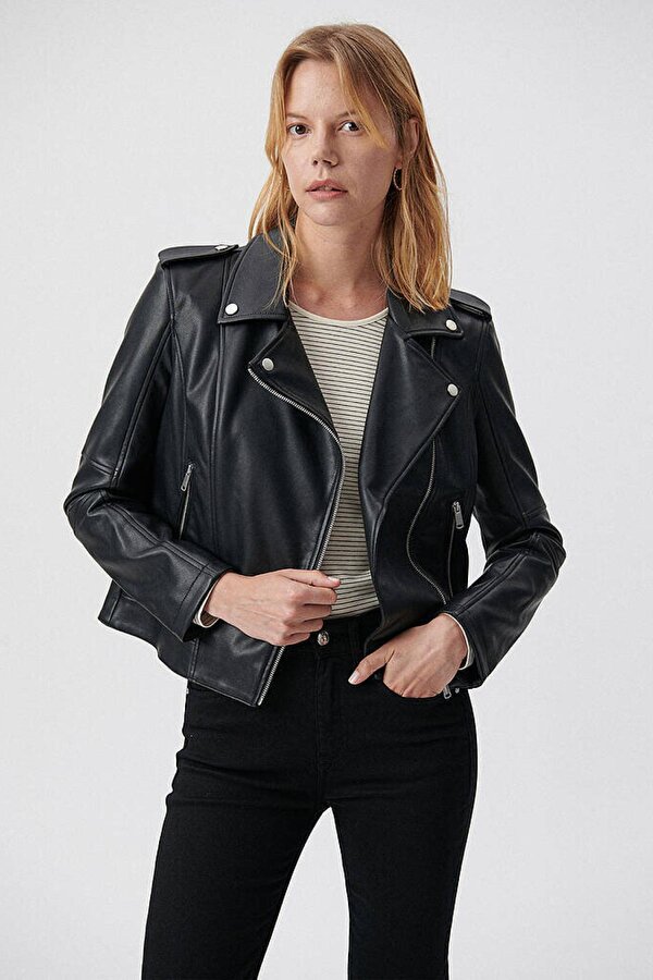 M1110221-900 Siyah Kadın Biker Ceket