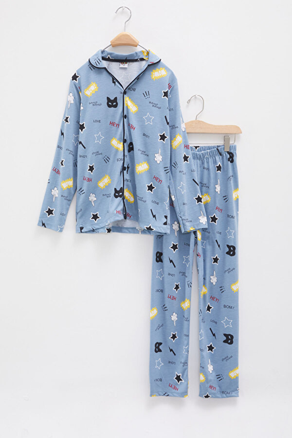 Mavi Karikatür Baskılı Yazılı Erkek Çocuk Pijama Takımı 18134