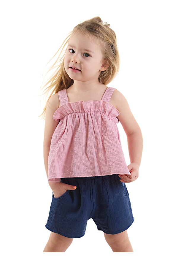 Kız Bebek Çocuk Pembe Müslin Bluz Şort Takım