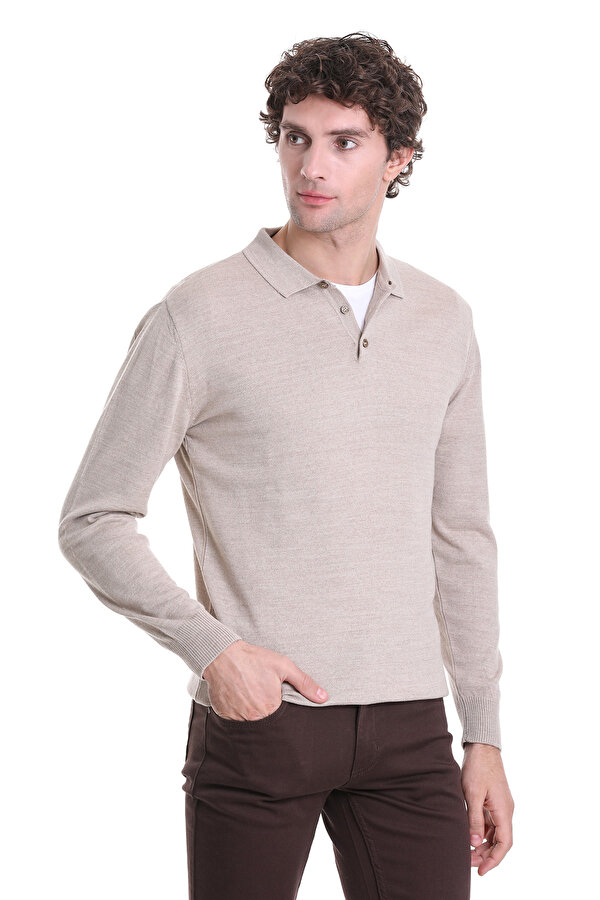 Bej Regular Fit Düz Polo Yaka Triko Kazak