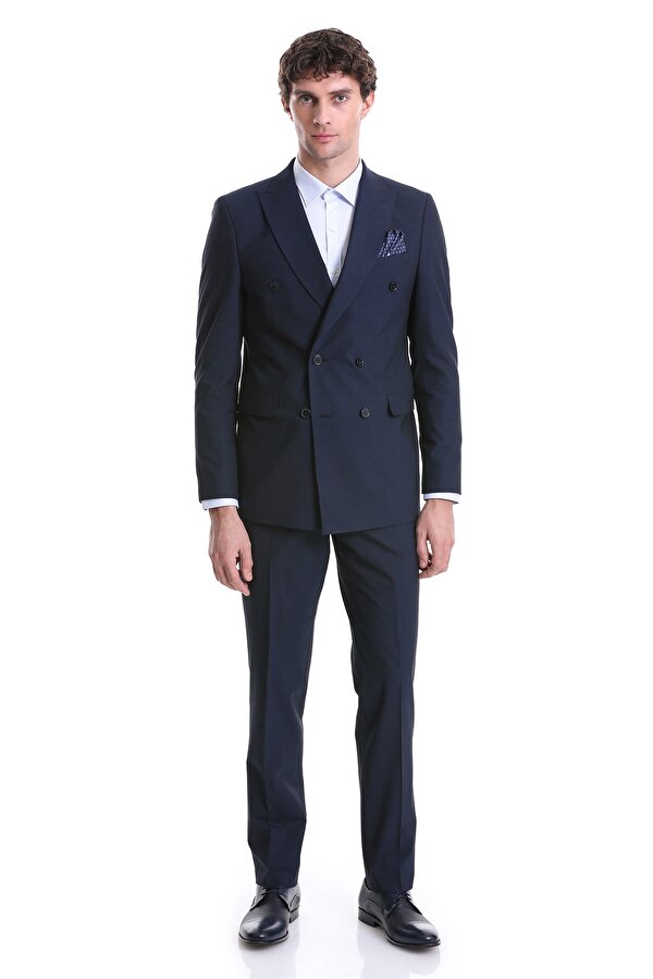 Lacivert Slim Fit Düz Kruvaze Klasik Takım Elbise