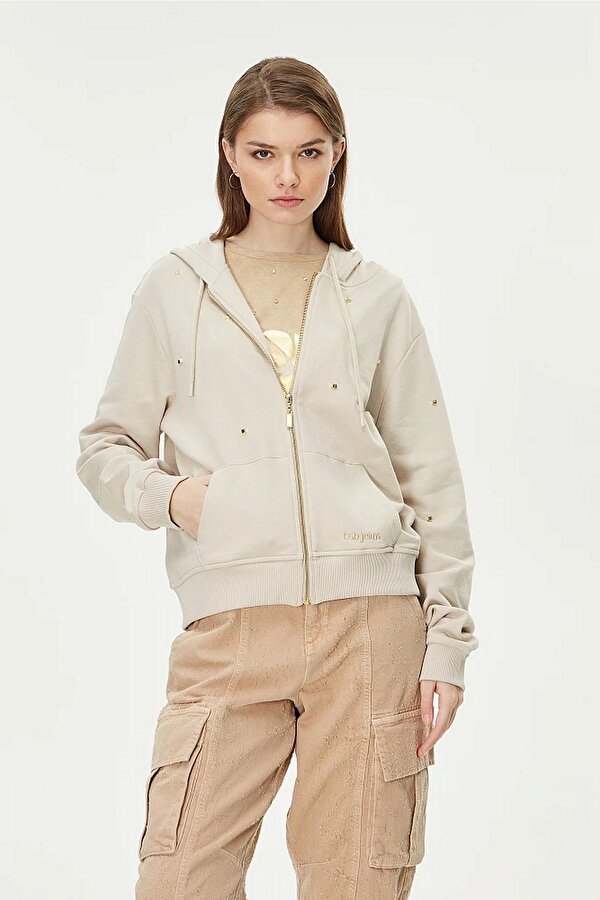 Kapüşonlu Standart Kalıp zımba detaylı Bej Kadın Sweatshirt 051-215002