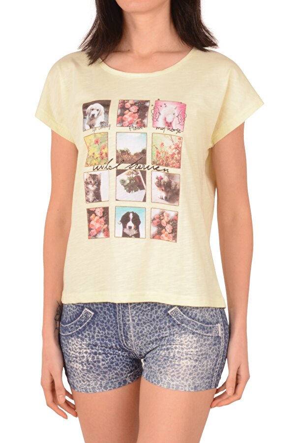 Kadın Şortlu Pijama Takımı Kısa Kollu Kot Baskı Pamuk Likralı SARI