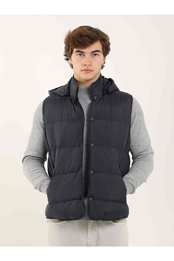 Lacivert Erkek Regular Fit Düz Kapüşolu Yelek Mont - 96668