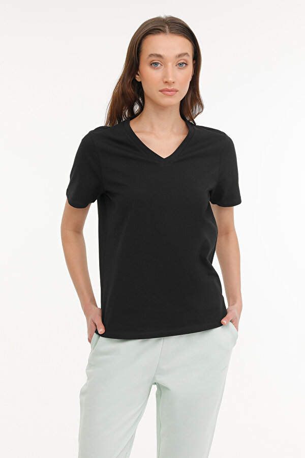 WB V NECK 11SN227 4FX Siyah Kadın Kısa Kol T-Shirt
