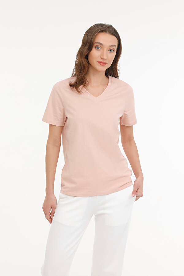 WB V NECK 11SN227 4FX Pembe Kadın Kısa Kol T-Shirt