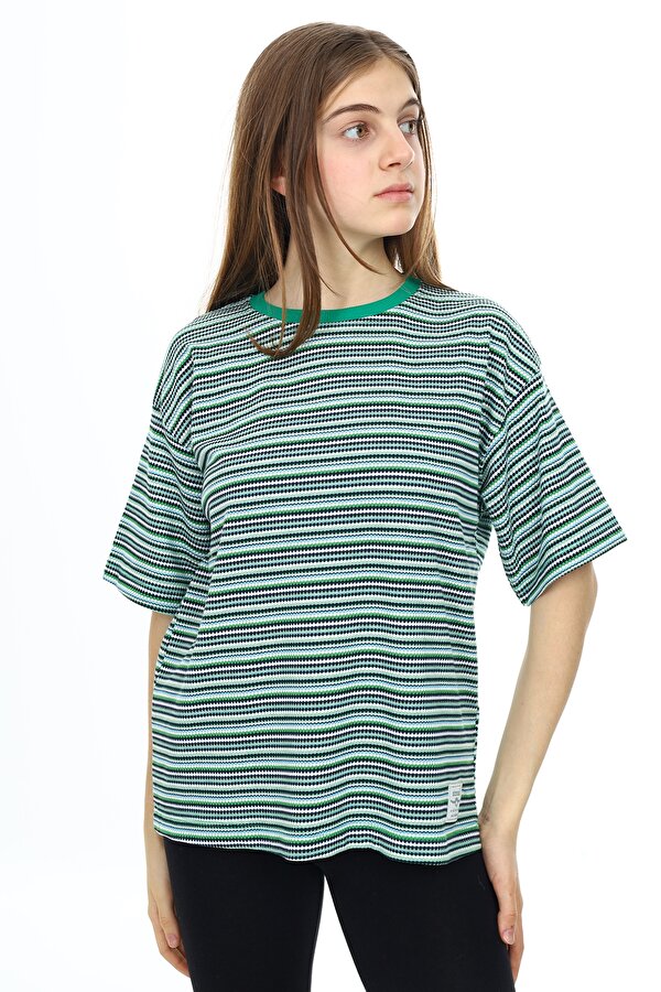 Yeşil Çizgili Bisiklet Yaka Kız Çocuk Kısa Kol T-shirt 18382