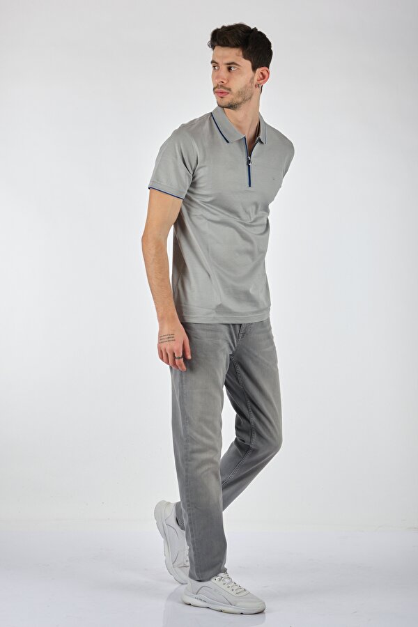 Polo Yaka Slim Fit Fermuarlı Kısa Kollu Açık Gri Erkek T-Shirt 61782212
