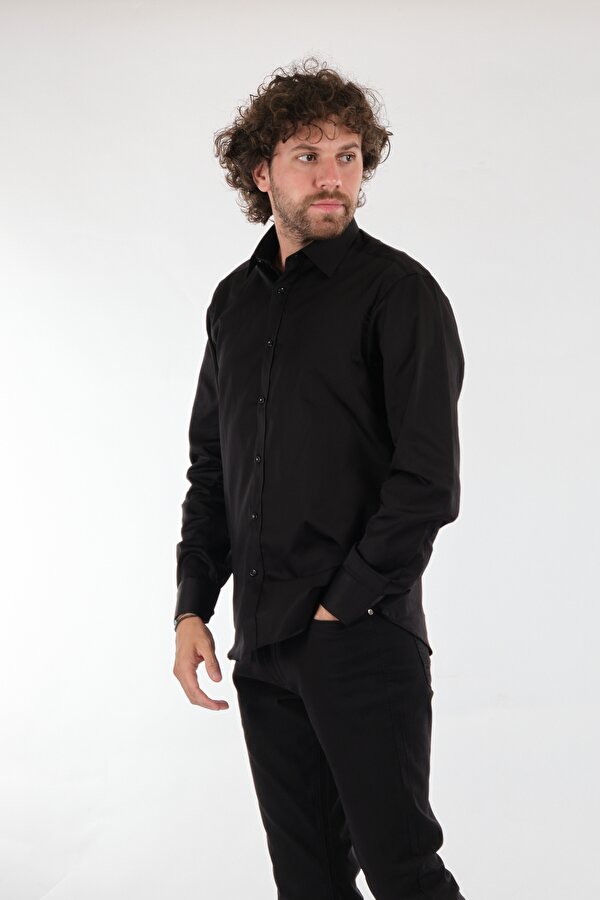 Düz Yaka Uzun Kollu Siyah Erkek Gömlek 1102624