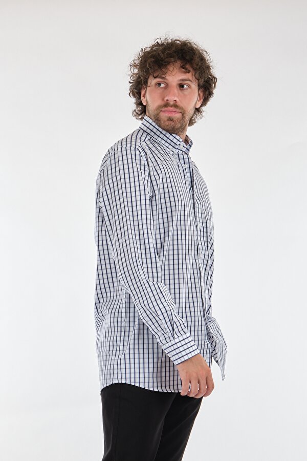 Düz Yaka Kareli Uzun Kollu Beyaz-Lacivert Erkek Gömlek 1102623