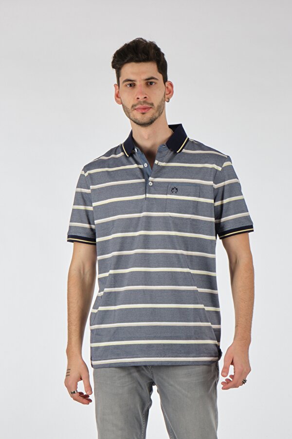 Polo Yaka Rahat Kesim Çizgili Gri-Sarı Erkek T-Shirt 5918532