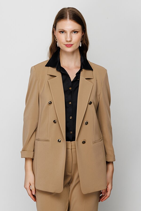 Büyük Beden Düğmeli Camel Kadın Ceket 23204503