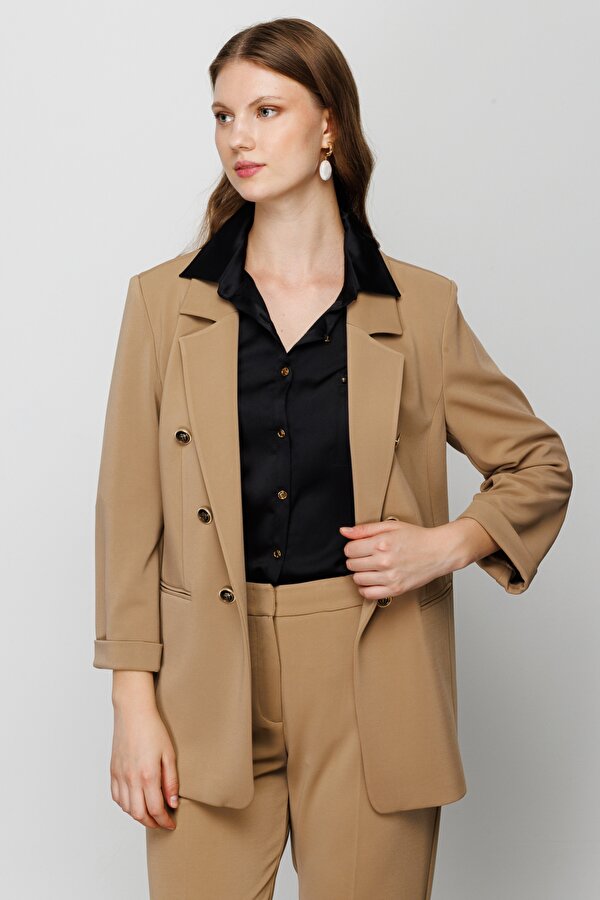 Büyük Beden Düğmeli Camel Kadın Ceket 23204503