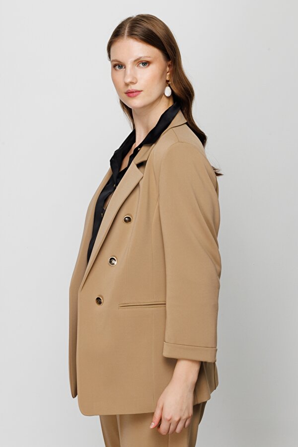 Büyük Beden Düğmeli Camel Kadın Ceket 23204503