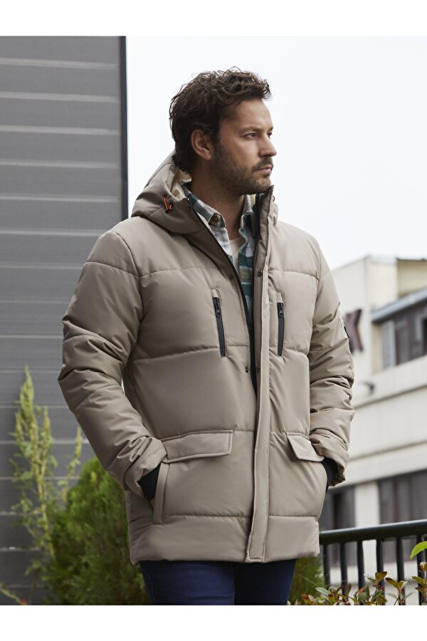Bej Erkek Regular Fit Düz Casual Kapüşonlu Mont - 96992