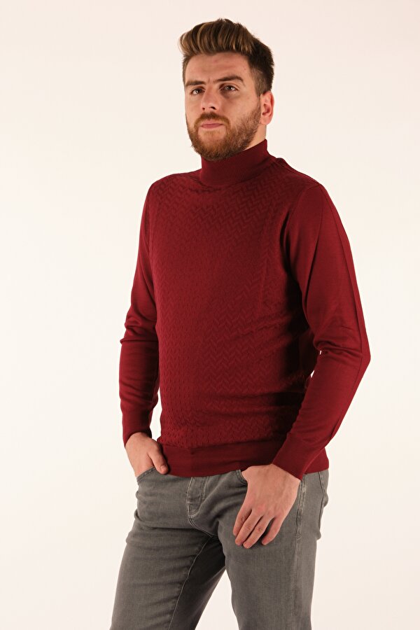 Yarım Balıkçı Zig Zag Desenli Uzun Kollu Bordo Erkek Triko 2124140