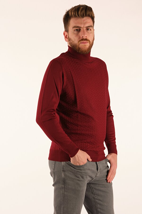 Yarım Balıkçı Zig Zag Desenli Uzun Kollu Bordo Erkek Triko 2124140