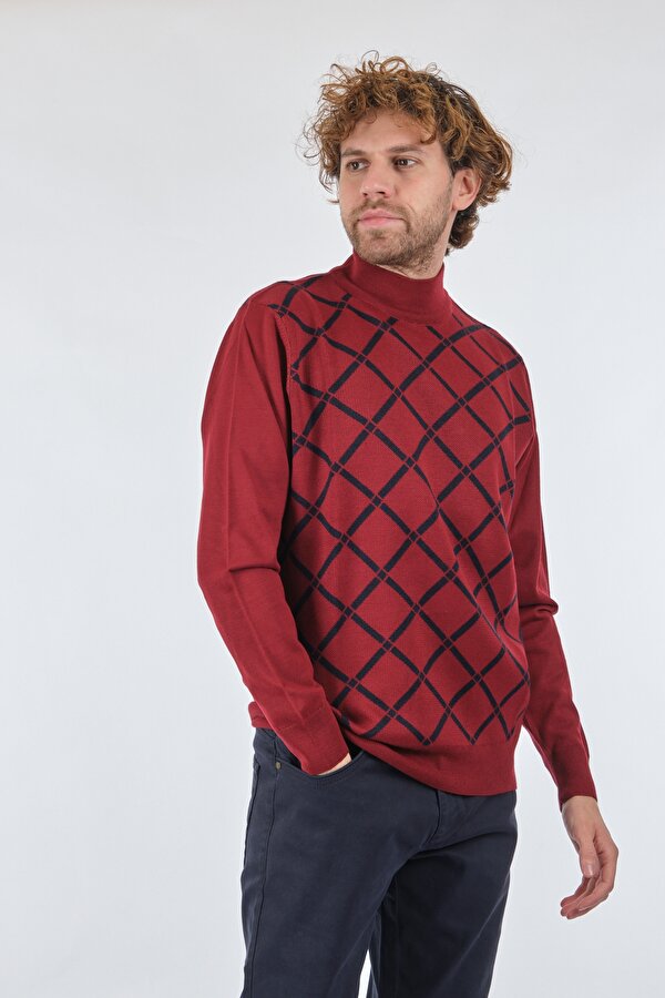 Yarım Balıkçı Desenli Uzun Kollu Bordo Erkek Kazak 2224130