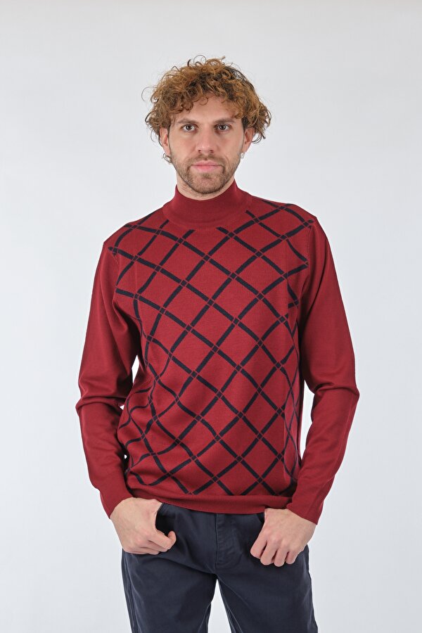 Yarım Balıkçı Desenli Uzun Kollu Bordo Erkek Kazak 2224130