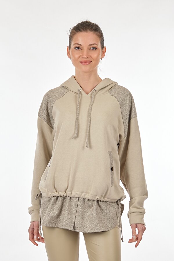 Kapüşonlu Uzun Kollu Bej Kadın Sweatshirt UW233109