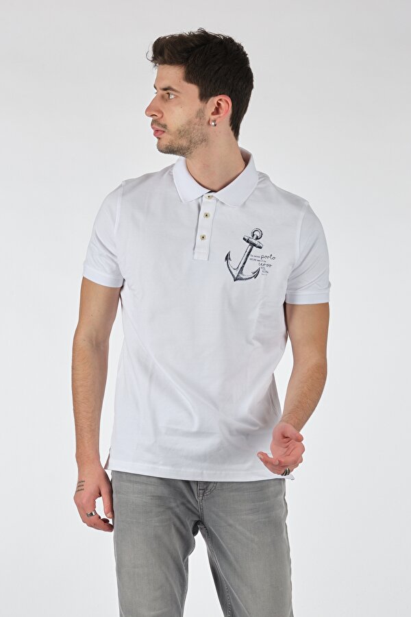 Polo Yaka Slim Fit Desenli Kısa Kollu Beyaz Erkek T-Shirt 221220208