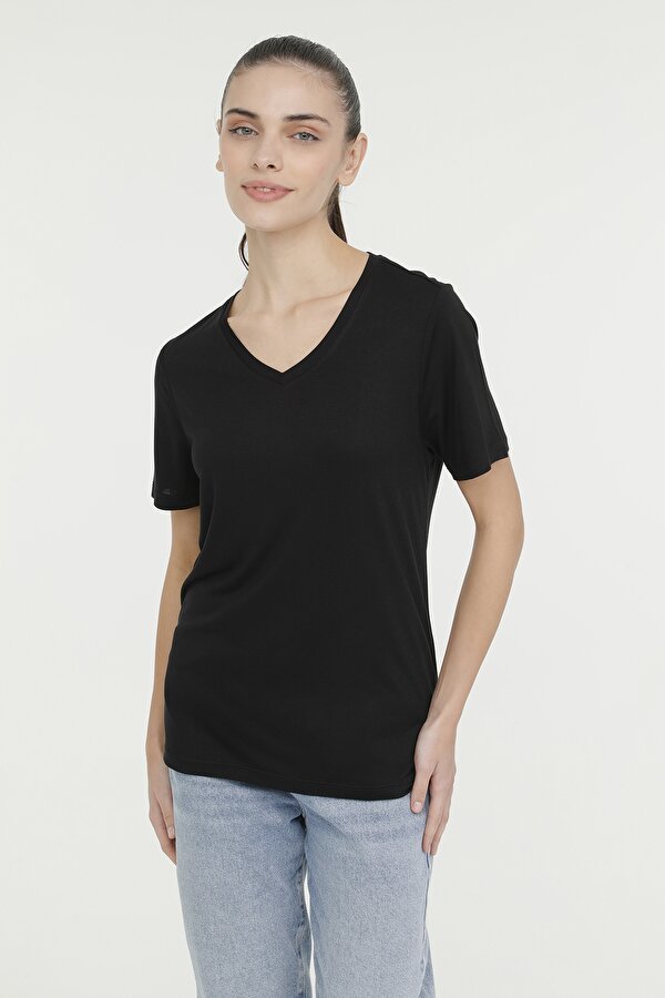 WB V VISKON 11MDK205 4FX Siyah Kadın Kısa Kol T-Shirt