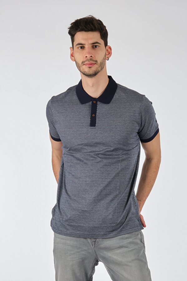 Polo Yaka Puantiye Kısa Kollu Lacivert-Gri Erkek T-Shirt 1102605