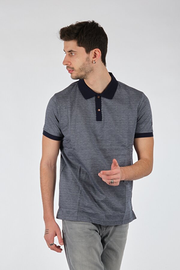 Polo Yaka Puantiye Kısa Kollu Lacivert-Gri Erkek T-Shirt 1102605